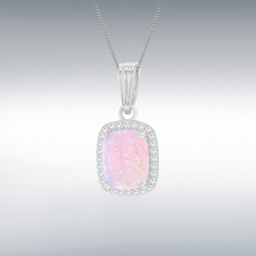 Sterling Silver Rhodium Plated Rectangle Synthetic Pink Opal and White CZ 10mm x 20mm Halo Pendant
