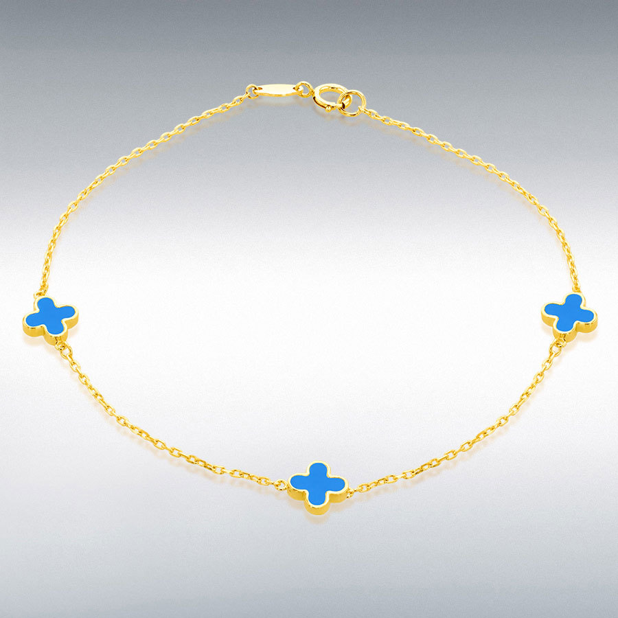 9ct Yellow Gold 3 x 6.5mm Turquoise Clover Petals Bracelet 19cm/7.5"