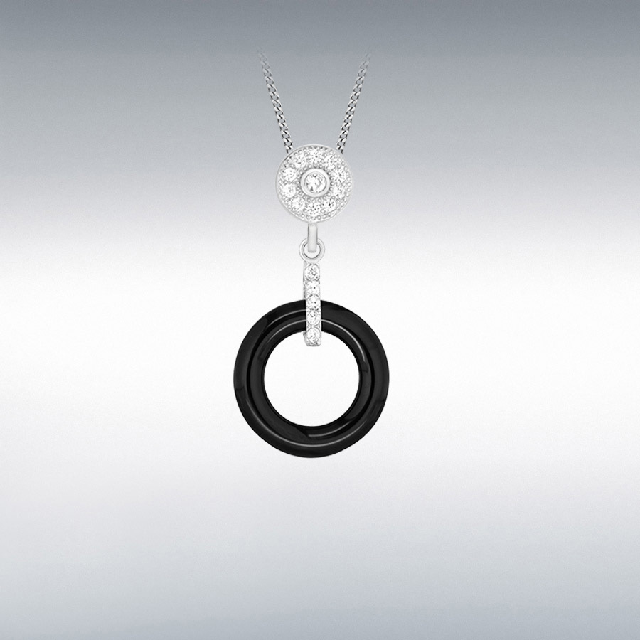 Sterling Silver Rhodium Plated CZ Black Ceramic Cluster Pendant