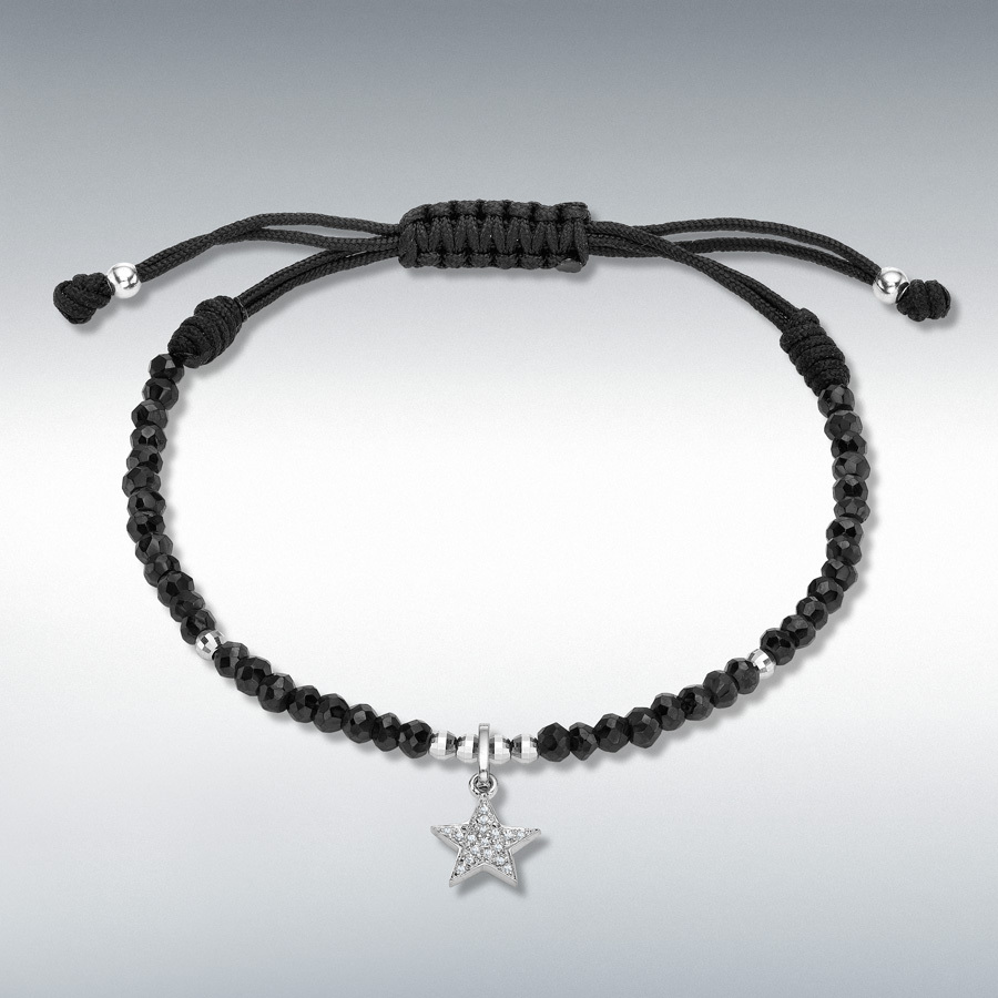 9ct White Gold 0.05ct Diamond Star Charm on Adjustable Black Spinel Bracelet 22cm/8.5"