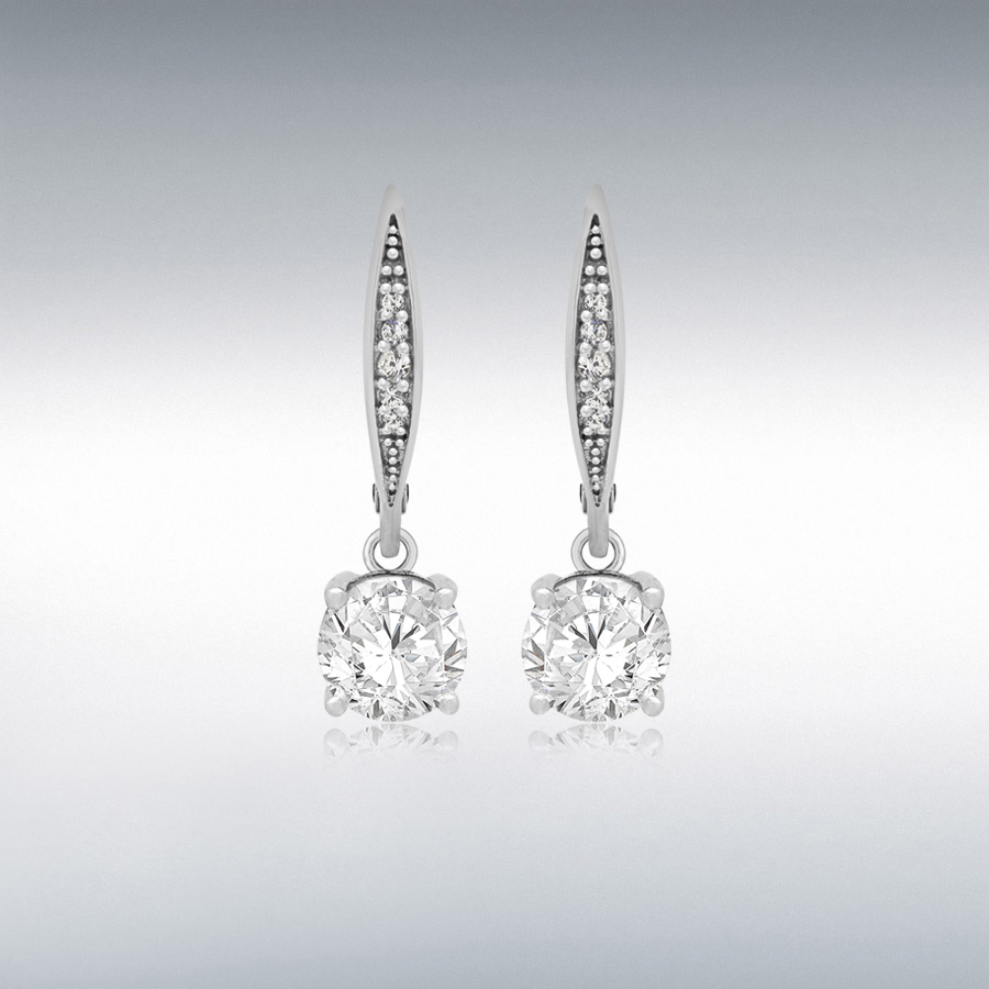 Sterling Silver Rhodium Plated White CZ 25mm Drop Earrings