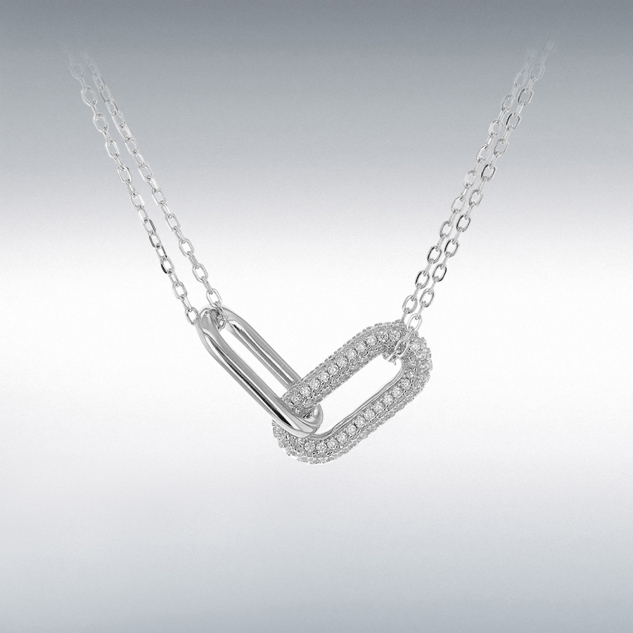 Sterling Silver Rhodium Plated CZ 28mm x 8.5mm Chain Link Adjustable Necklace 41cm/16"-46cm/18"