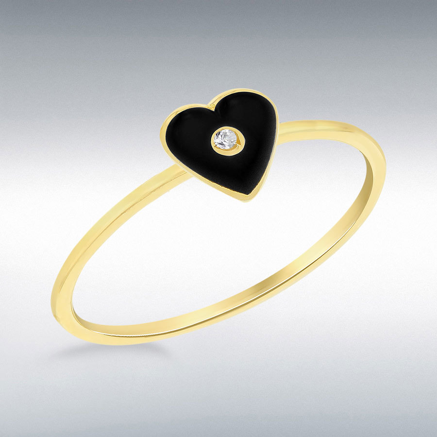 9ct Yellow Gold 7mm x 5.8mm Black Enamel with Diamond Heart Ring