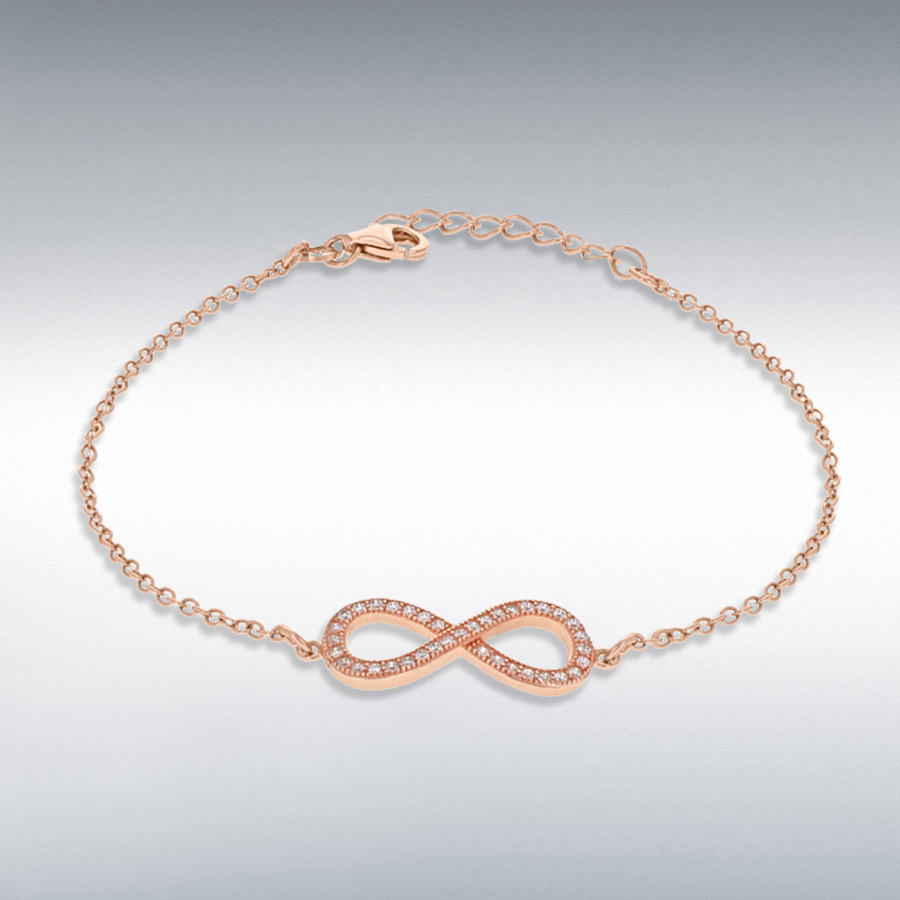 Sterling Silver Rose Gold Plated CZ 23mm x 8mm 'Infinity' Adjustable Bracelet 16.5cm/6.5"-19cm/7.5