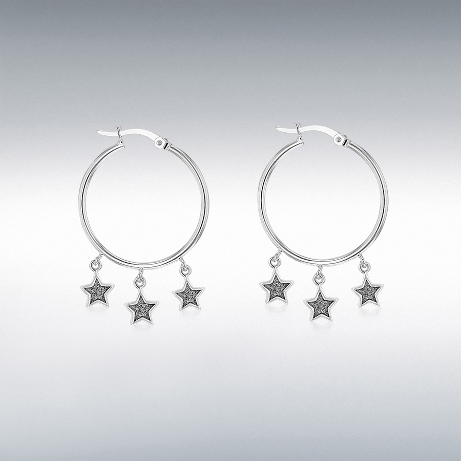 Sterling Silver 25mm x 37mm Triple-Stardust-Star Hoop Creole Earrings