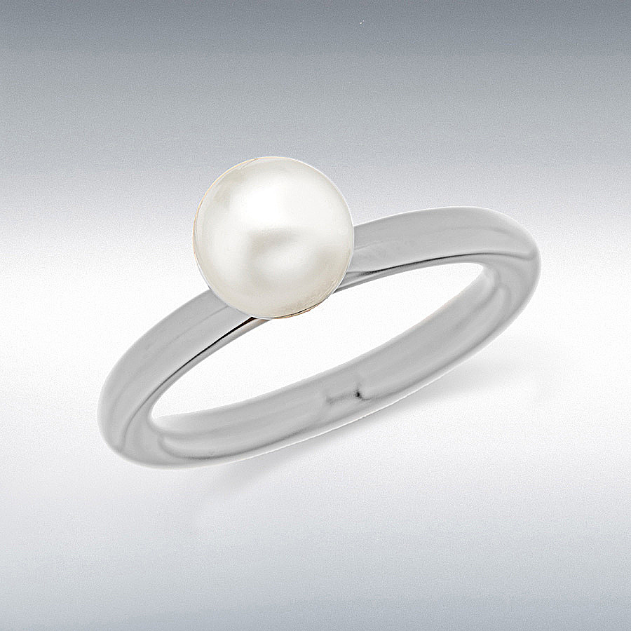 Sterling Silver Rhodium Plated White Simulated Pearl Stacking Ring