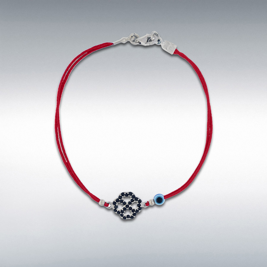 Sterling Silver Black CZ 10.5mm x 10.5mm Four-Leaf Clover and Bead Red Cord Bracelet 18cm/7