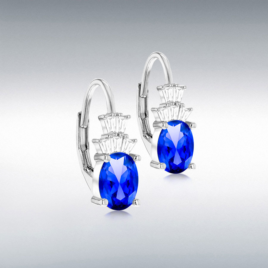 STERLING SILVER RHODIUM PLATED 5MM X 15MM BLUE OVAL CZ CREOLE EARRINGS