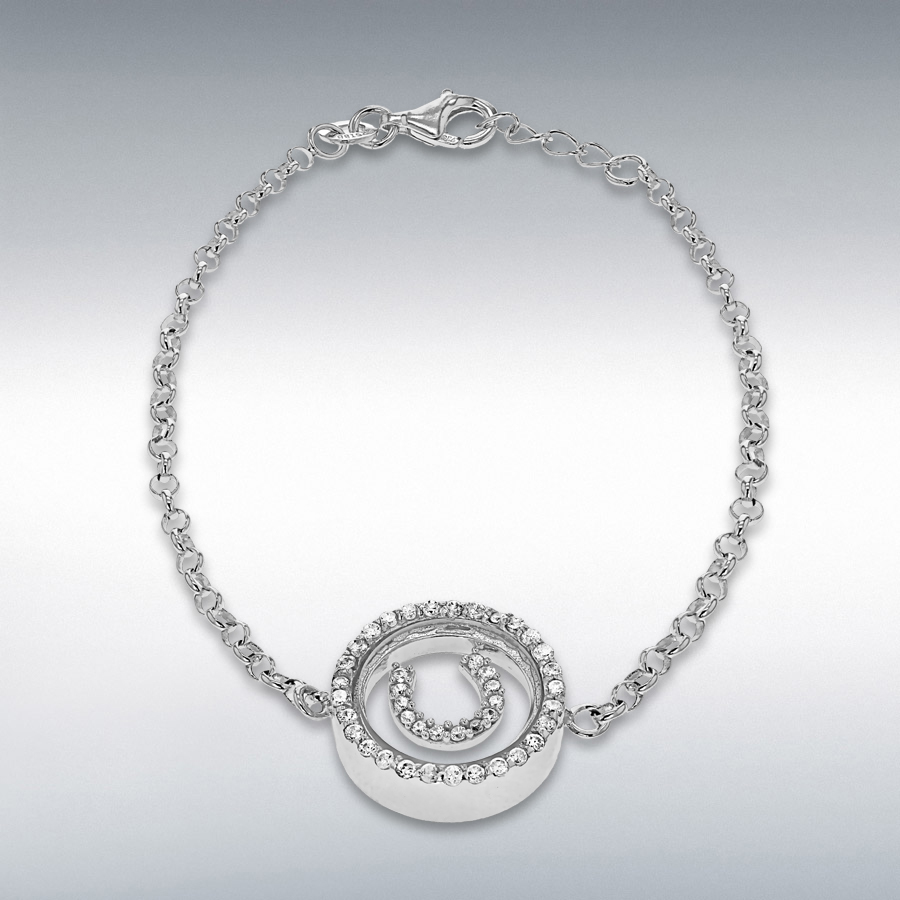 Sterling Silver Rhodium Plated CZ 16mm Floating Horseshoe Adjustable Bracelet 17cm/6.5"-18cm/7"