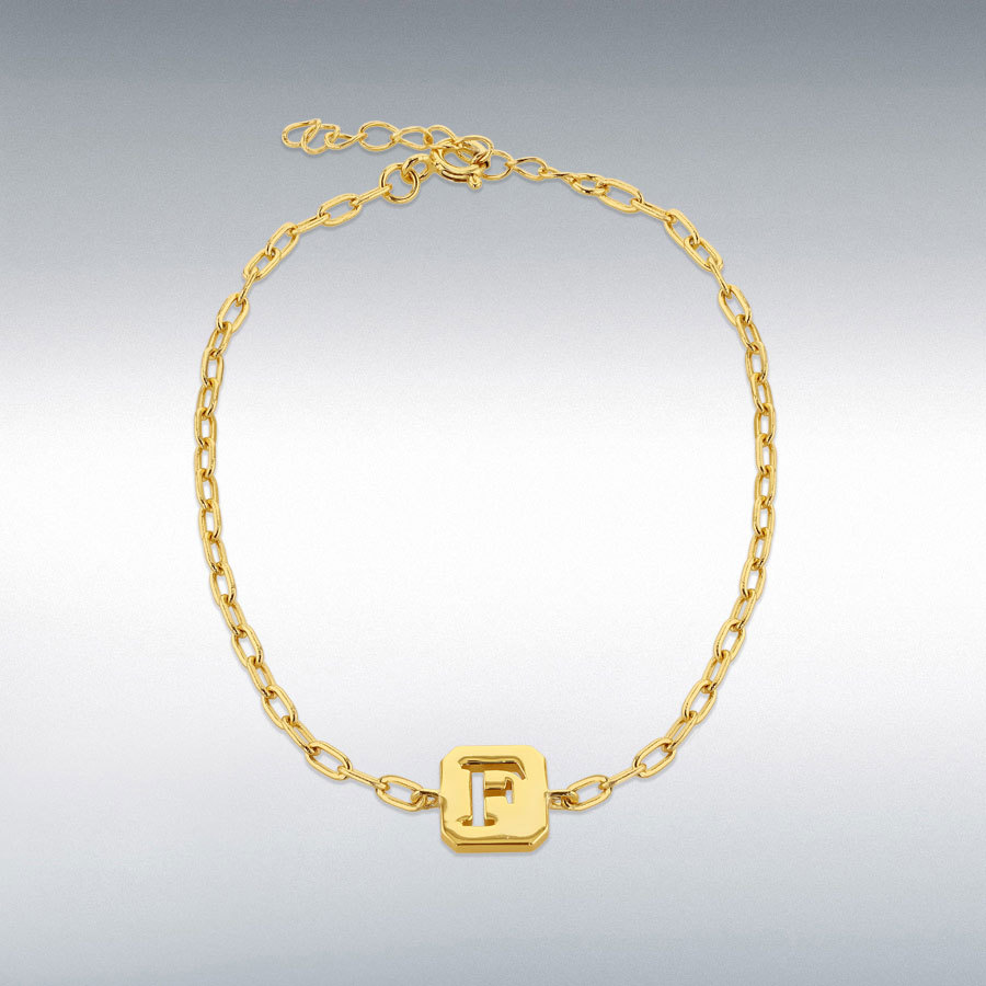 Sterling Silver Yellow Gold Plated 8mm x 9mm Initial 'F' Initial Bracelet 17cm/6.7"-20cm/8"