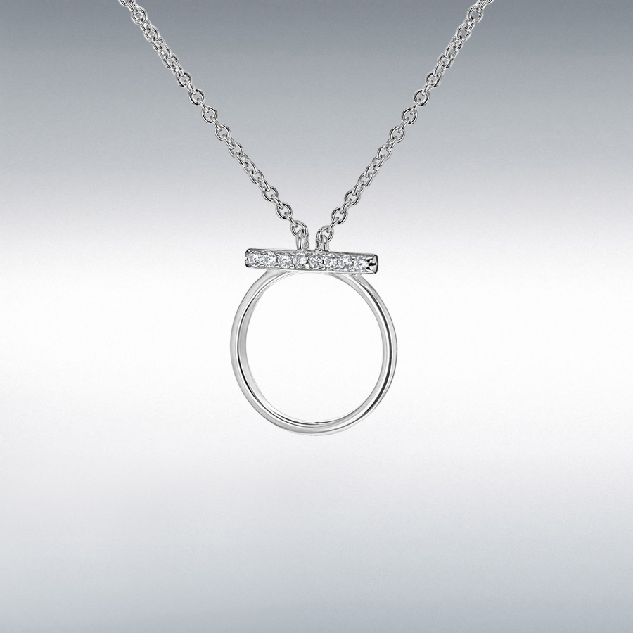 Sterling Silver Rhodium Plated CZ 15mm x 17.6mm Circle & Bar Adjustable Necklace 39cm/15.5"-44.5cm/17.5"