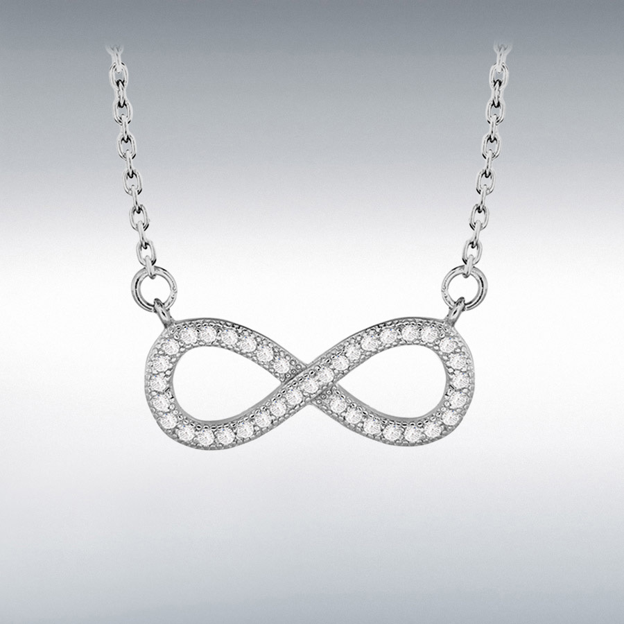 Sterling Silver Rhodium Plated CZ 20mm x 8mm 'Infinity' Adjustable Necklace 42cm/16.5"-44.5cm/17.5