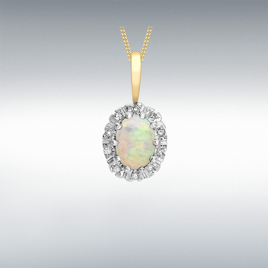 9ct Yellow Gold 0.07ct Diamond and Opal 9mm x 17.4mm Cluster Pendant