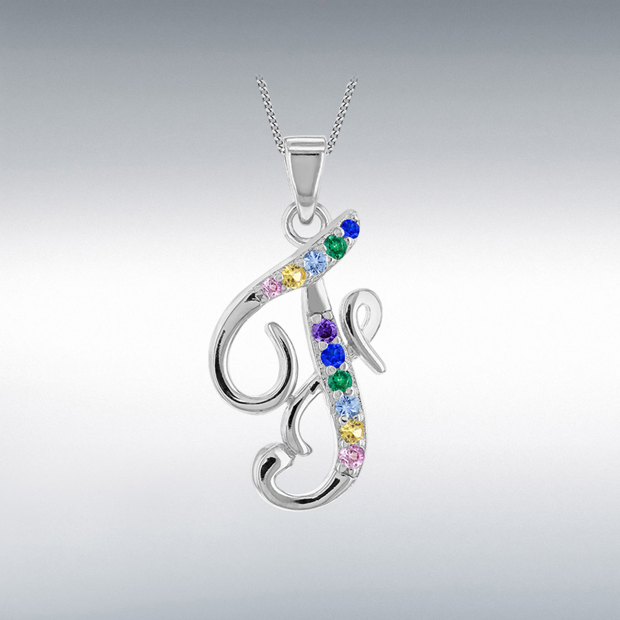 Sterling Silver Rhodium Plated with Multi-Coloured CZ Script F Initial Pendant