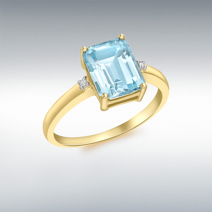 9ct Yellow Gold 0.01ct Diamond and 9mm x 7mm Blue Topaz Rectangular Ring