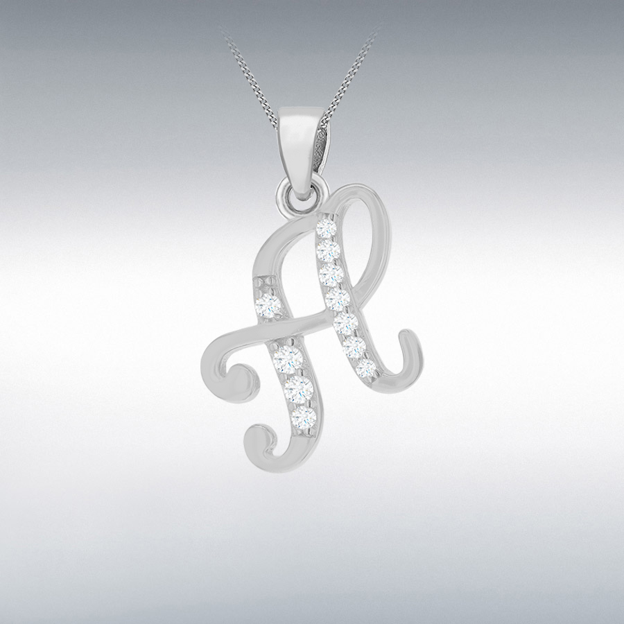  Sterling Silver Rhodium Plated CZ 12mm x 19mm Script 'H' Initial Pendant