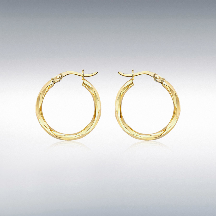 9ct Yellow Gold 18.5mm Diamond Cut Faceted Hoop Creole Earrings