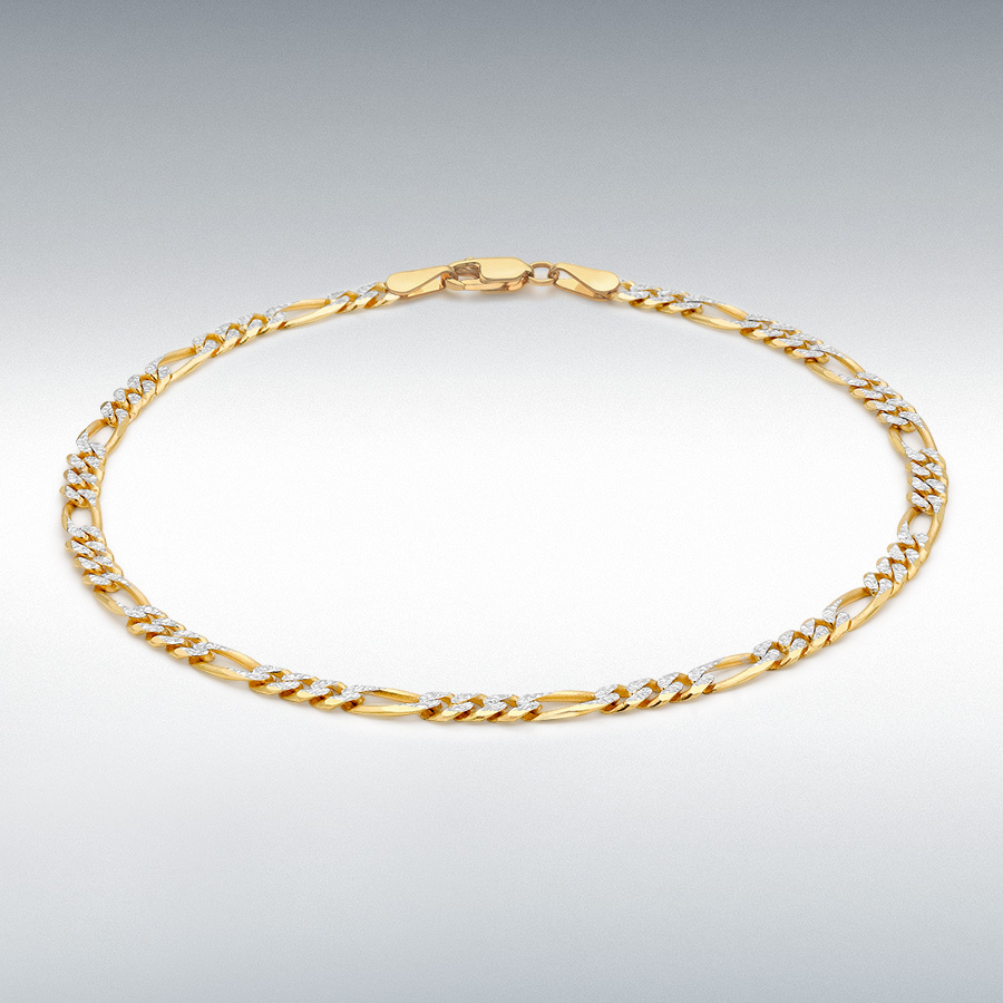 9ct 2-Tone Gold Diamond Cut Figaro Bracelet 18cm/7"