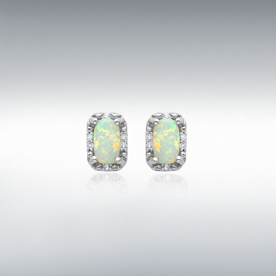 9ct White Gold 0.04ct Diamond and Synthetic Opal 4.5mm x 6.5mm Rectangular Halo Stud Earrings