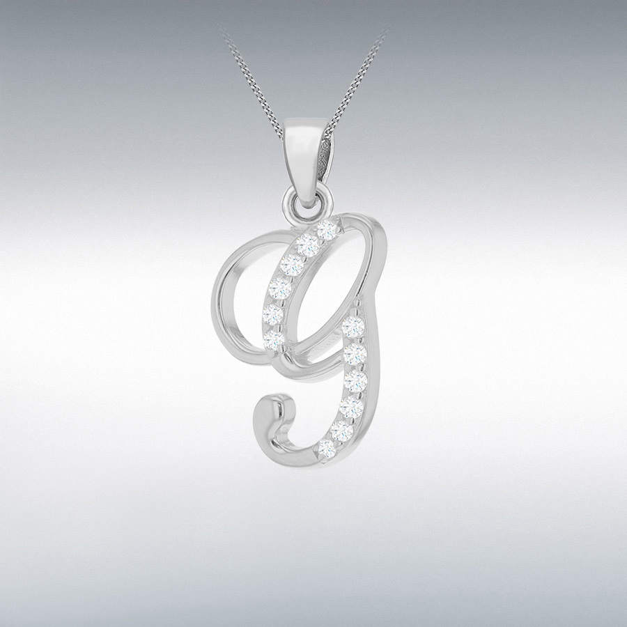  Sterling Silver Rhodium Plated CZ 10.5mm x 19mm Script 'G' Initial Pendant