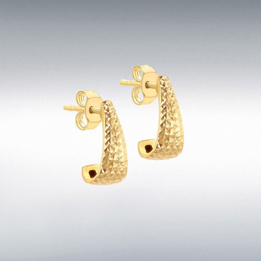 9ct Yellow Gold Diamond Cut 6.5mm x 15mm Tall J-Shape Stud Earrings