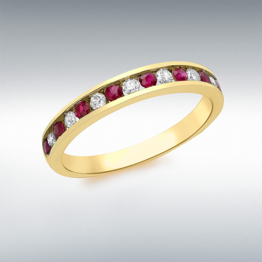 9ct Yellow Gold 0.25ct Channel Set Diamond and Ruby Ring