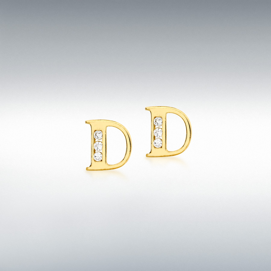 9ct Yellow Gold CZ 6mm x 6mm 'D' Initial Stud Earrings