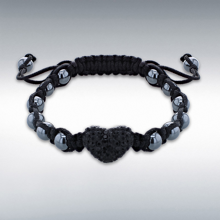 Hematite and Black Crystal 15.5mm x 12mm Heart Black Beaded Cord Adjustable Bracelet 10cm/4"-23cm/9"