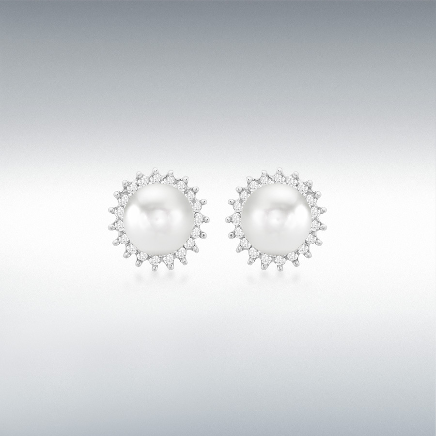 9ct White Gold 0.25ct Diamond and White Freshwater Pearl 10mm Cluster Stud Earrings