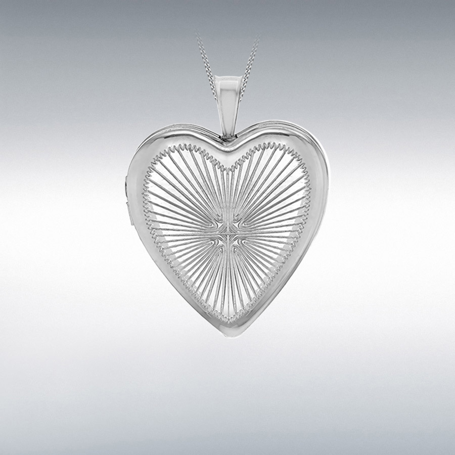 Sterling Silver Rhodium Plated 19.5mm x 25mm Sunray-Heart Locket