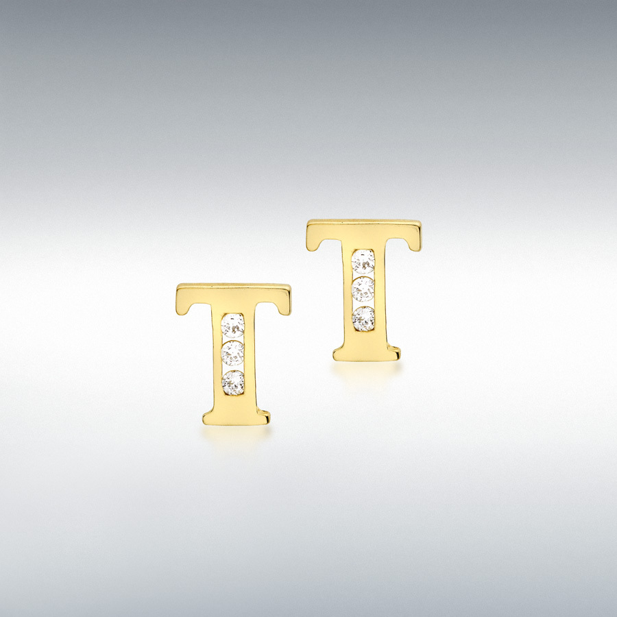 9ct Yellow Gold CZ 5mm x 7mm 'T' Initial Stud Earrings