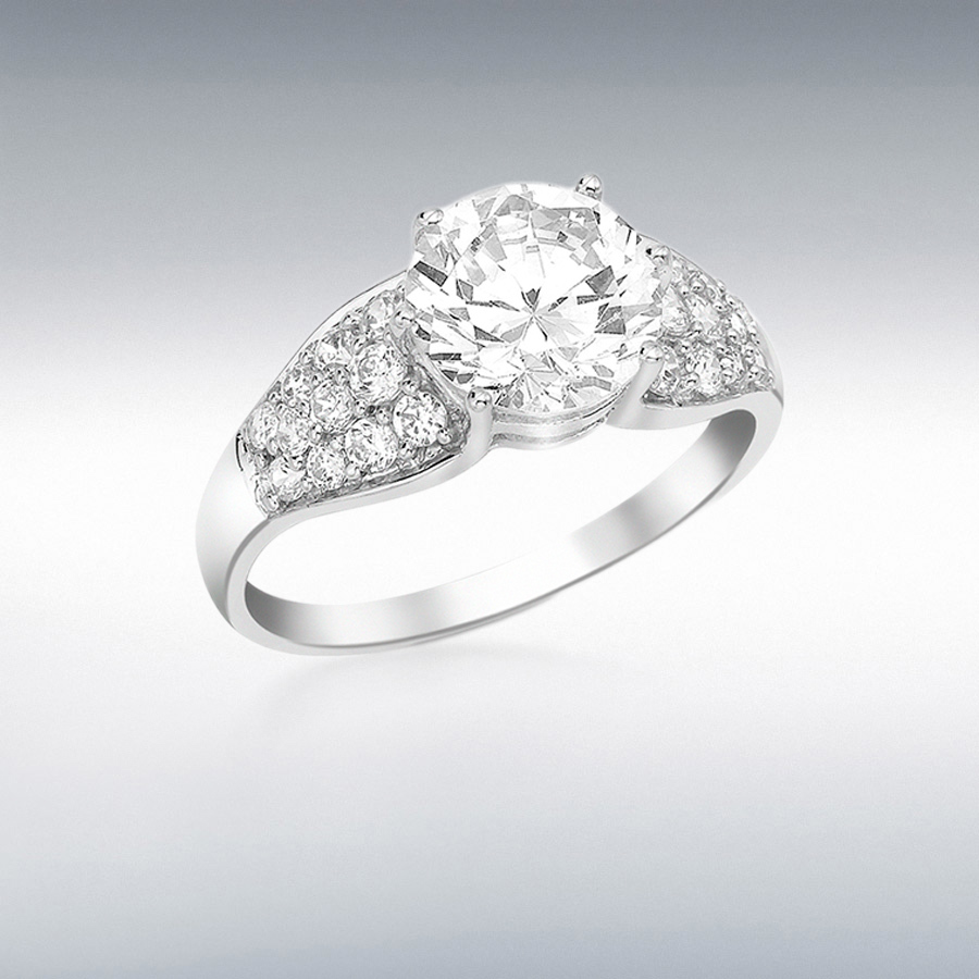 18ct White Gold 8mm CZ Solitaire and CZ Pave Set Ring