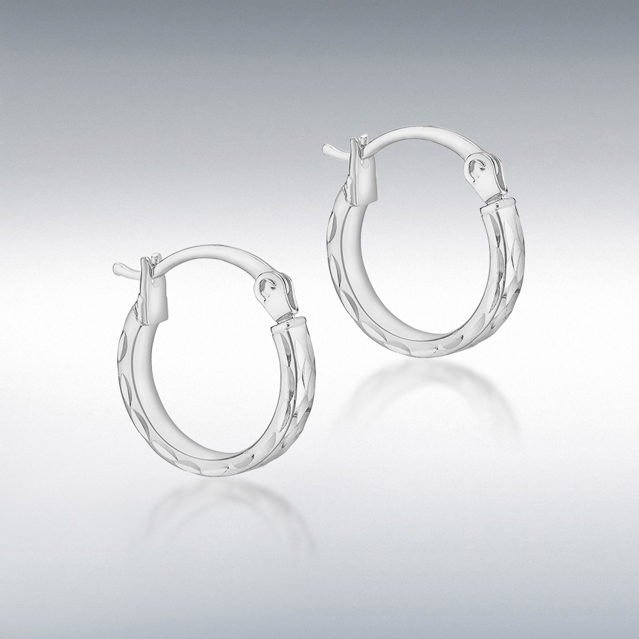 9ct White Gold 2.5mm Tube 12.5mm Diamond Cut Hoop Creole Earrings