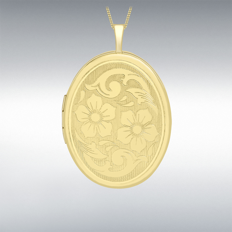9ct Yellow Gold 20mm x 32mm Etched Flower-Detail Oval Locket