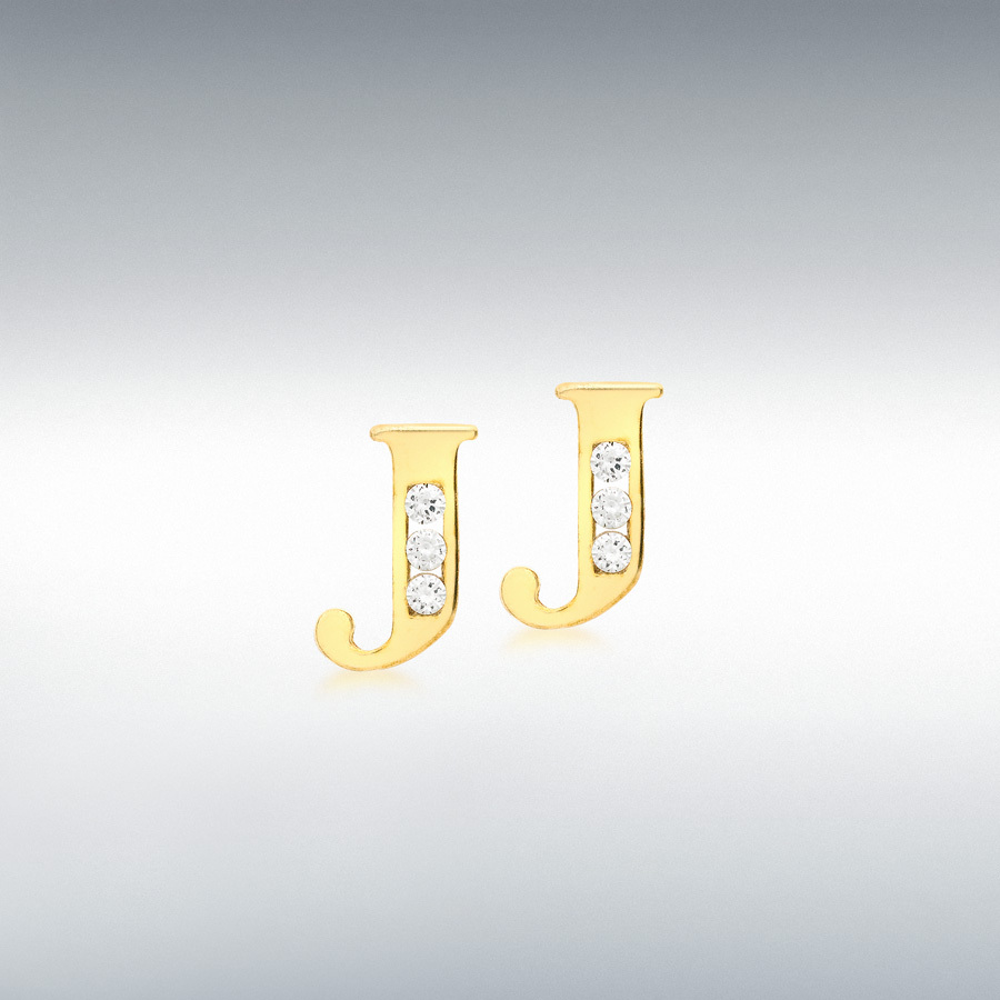 9ct Yellow Gold CZ 4mm x 7mm 'J' Initial Stud Earrings