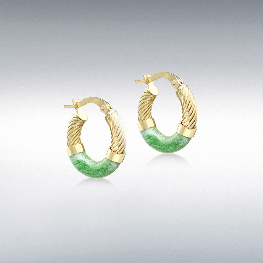 9ct Gold 16.5mm Light Green Enamel Twist-Tube Hoop Creole Earrings