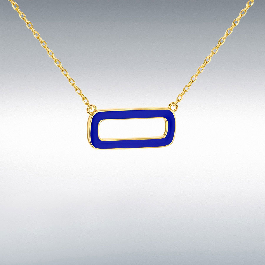 Sterling Silver Yellow Gold Plated Blue Enamel Rectangle Frame Necklace