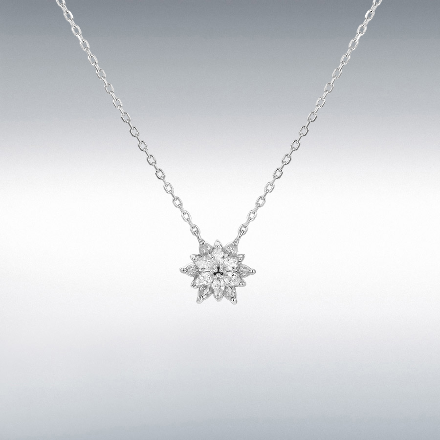 Sterling Silver Rhodium Plated White CZ 12mm Flower Necklace 40cm/15.75"-45cm/17.75"
