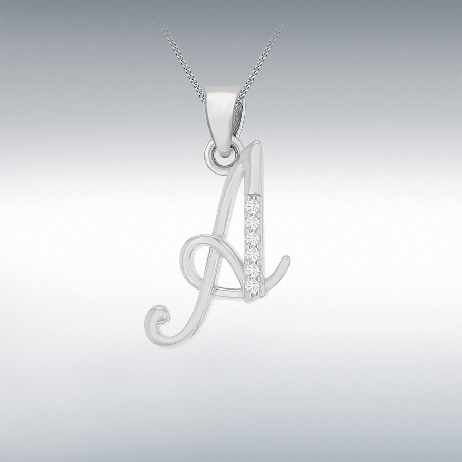  Sterling Silver Rhodium Plated CZ 10mm x 18mm Script 'A' Initial Pendant