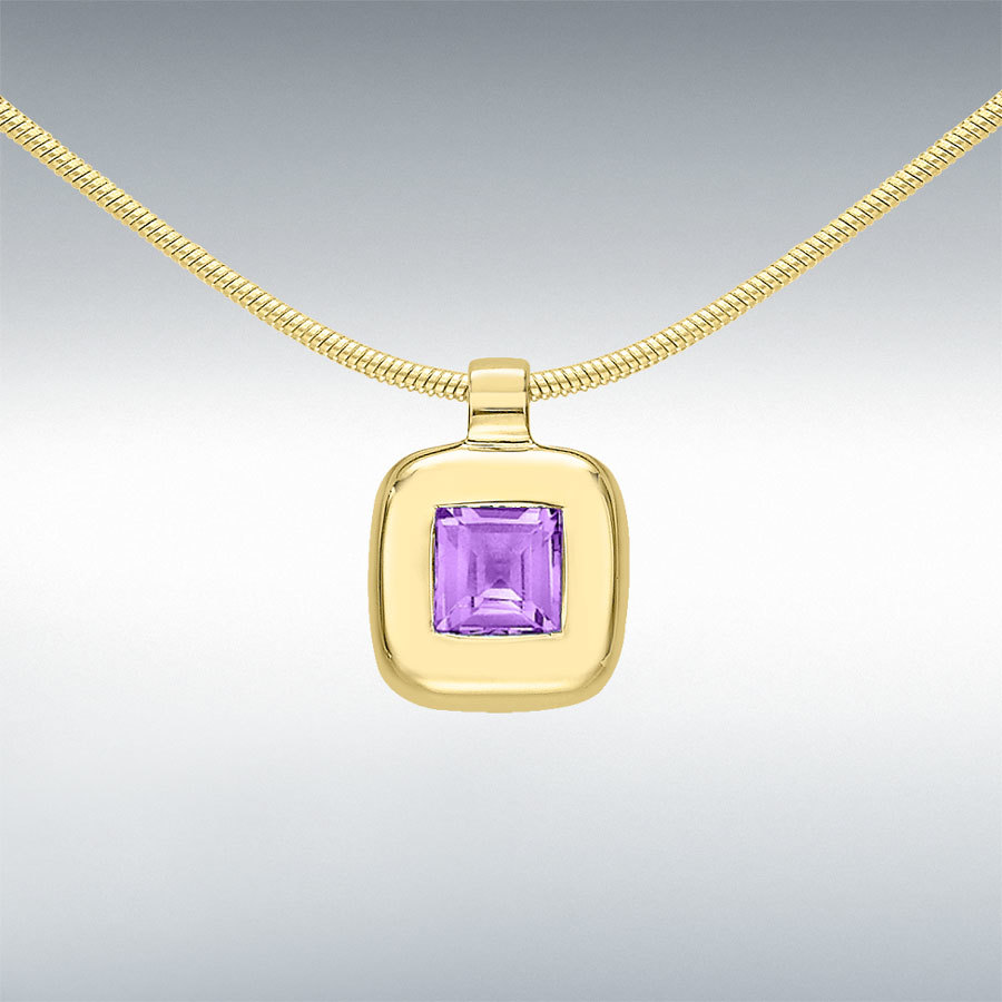 9ct Yellow Gold Amethyst 8mm x 11mm Square Pendant on Snake Chain Necklace 41cm/16"