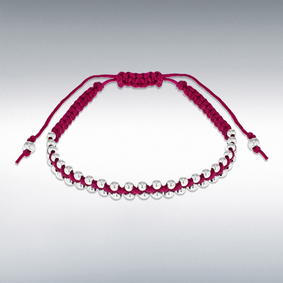 Sterling Silver 2.5mm Balls Fuchsia Cord Adjustable Bracelet 17cm/6.5"-25.5cm/10"