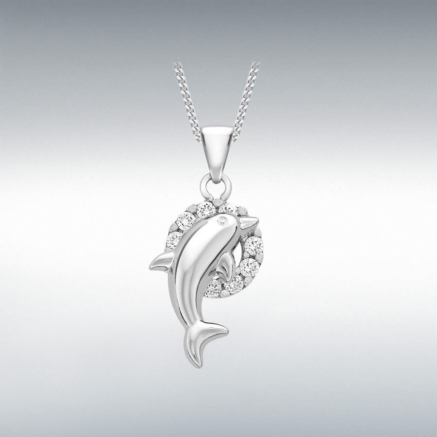 9ct White Gold CZ 9mm x 23mm Dolphin & Hoop Pendant