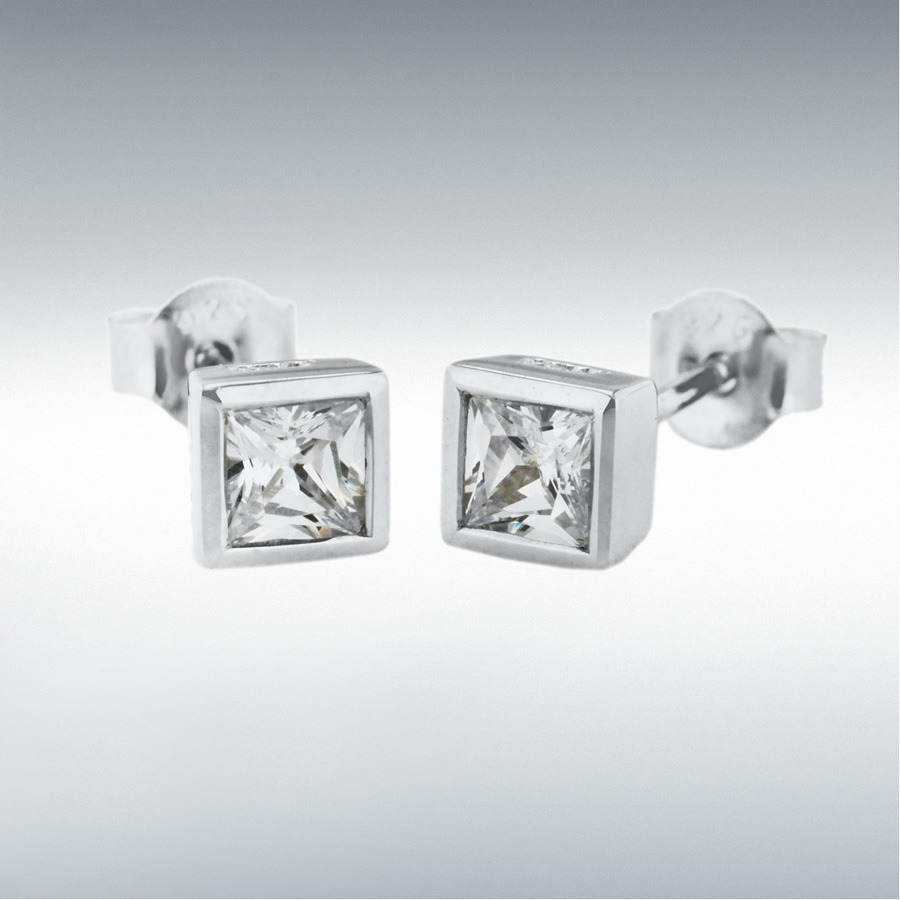 Sterling Silver 4mm CZ Square Stud Earrings