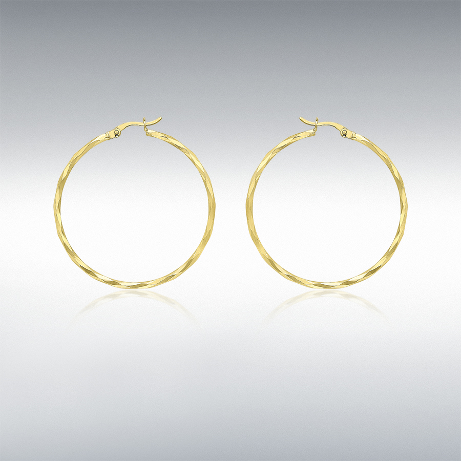 9ct Yellow Gold 1.5mm Tube 33mm Diamond Cut Faceted Hoop Creole Earrings