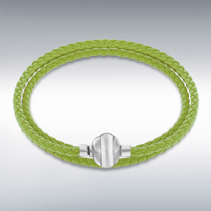 Sterling Silver Green Plaited Leather Wrap Bracelet 60cm/23.5"