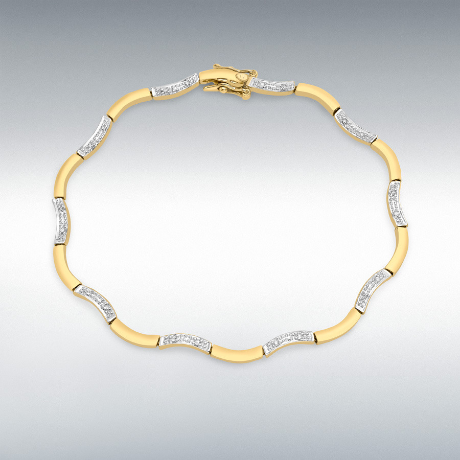 9ct Yellow Gold 0.10ct Diamond Wave Link Bracelet 18cm/7"
