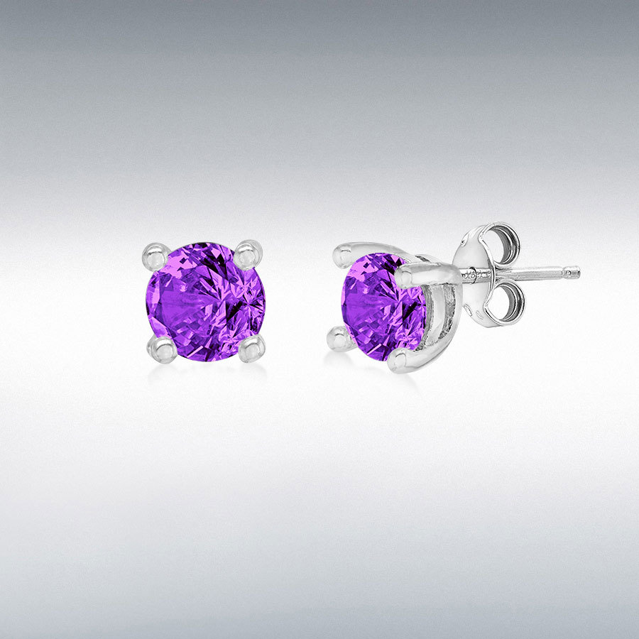 Sterling Silver Rhodium Plated Amethyst 4mm CZ February Birthstone Stud Earring