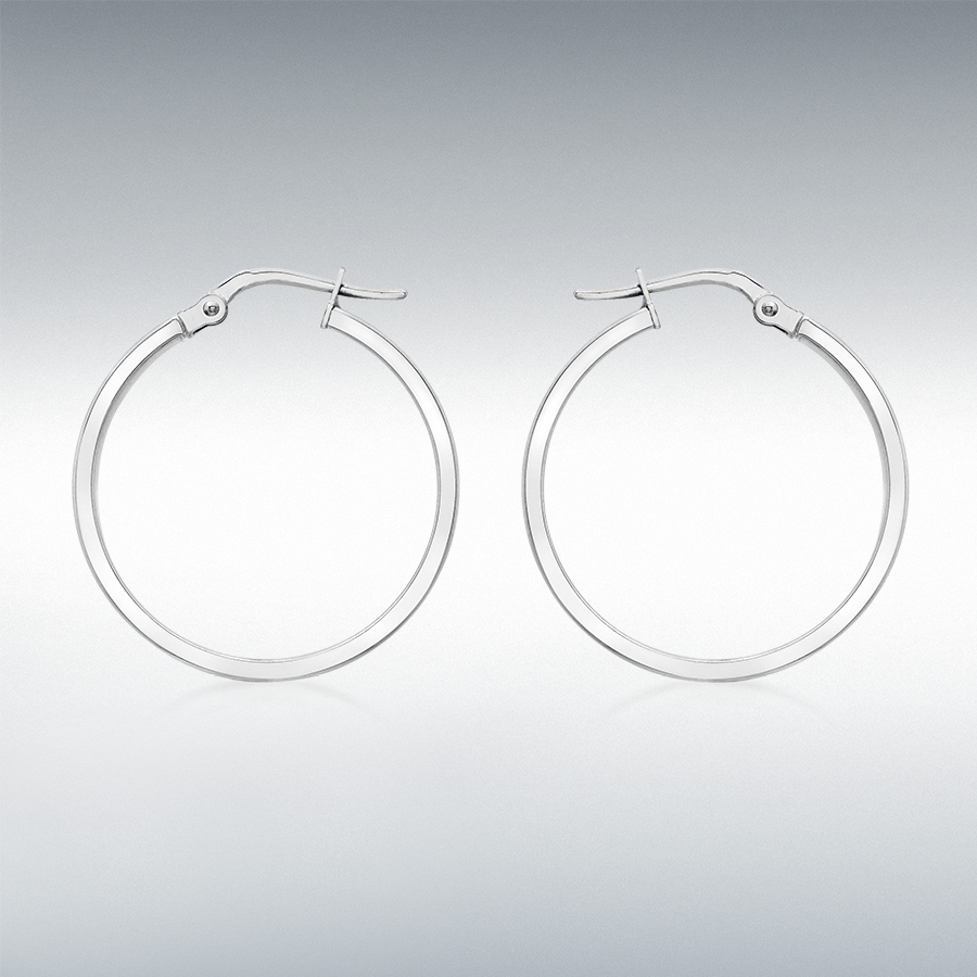 18ct White Gold 3mm Rectangular-Tube 23mm Polished Hoop Creole Earrings