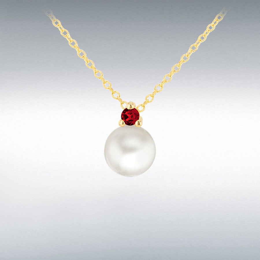 9ct Yellow Gold Round Pearl with Red CZ Adjustable Necklace