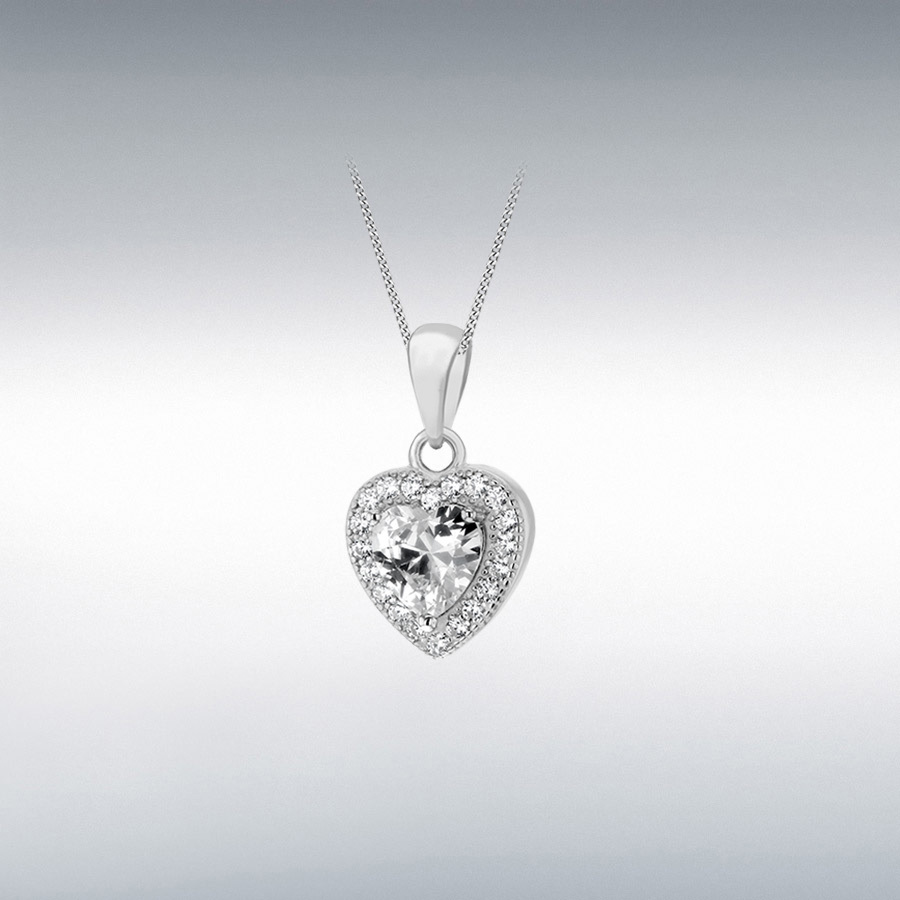Sterling Silver Rhodium Plated CZ 10mm x 17.5mm Heart Pendant